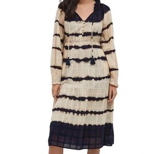 Anthropologie Blue and Cream Pleated Sundress with Bishop Sleeves